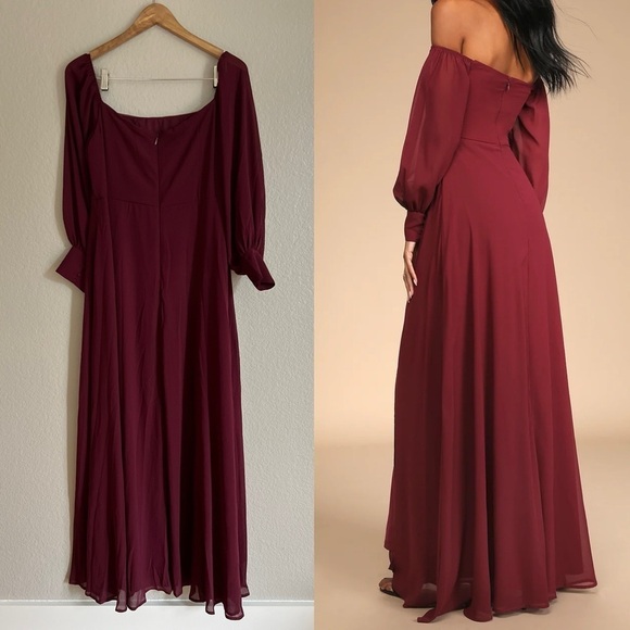 NWOT Feel the Romance Burgundy Off-the-Shoulder Maxi Dress! - Picture 2 of 7